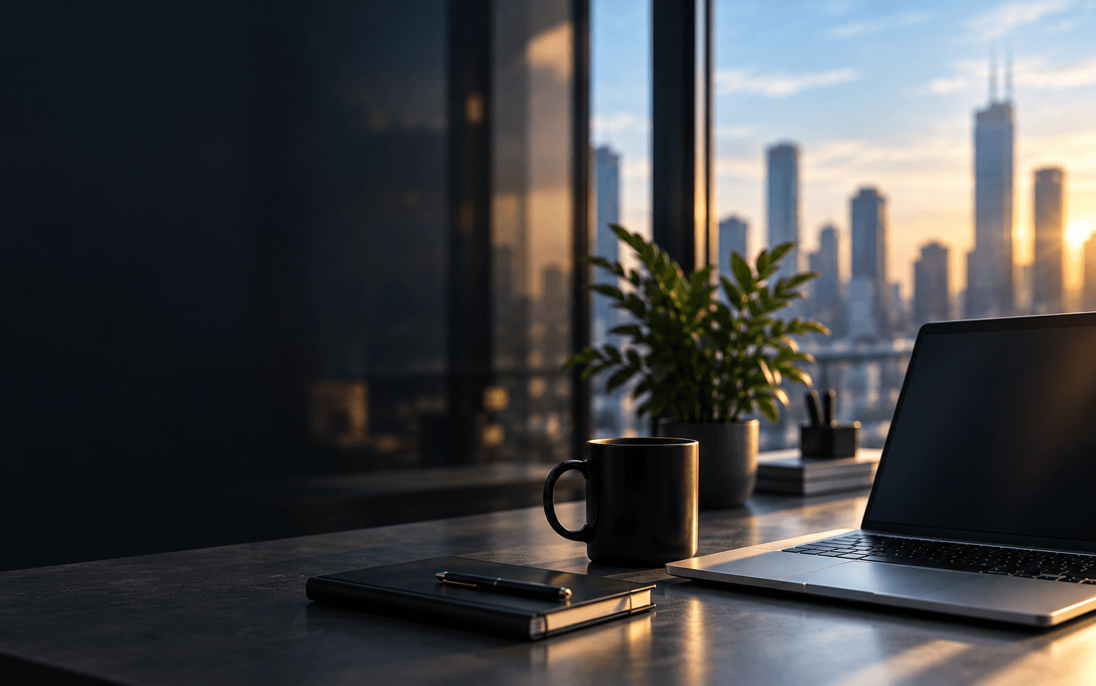 A modern office desk overlooking a city skyline